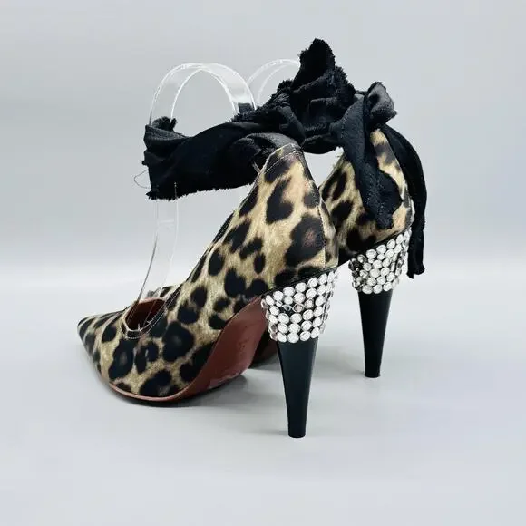 Lanvin x H&M Shoes Womens 6 Brown Pumps Leopard Ankle Wrap Rhinestone Heel - Picture 5 of 10